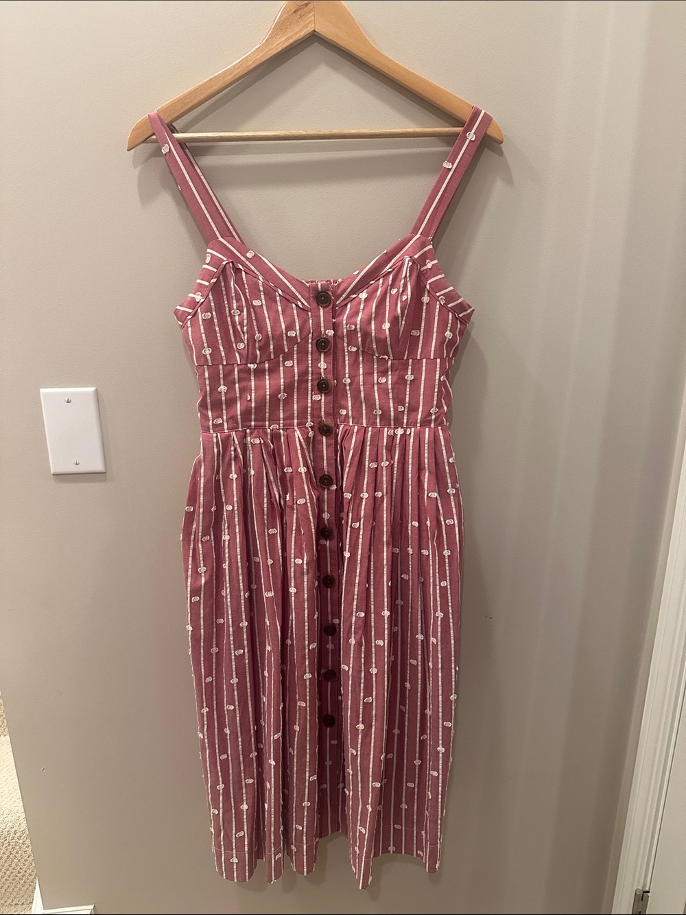 Maeve Rose-Mauve Striped Button-Front Polka Dot Striped Midi Dress